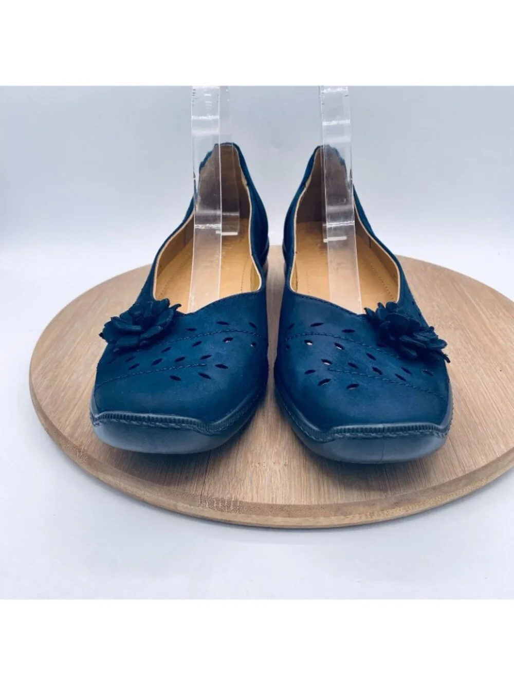 Hotter Shoes Womens 9.5 Blue Leather Slip On Comfort Perforated Flats Flower